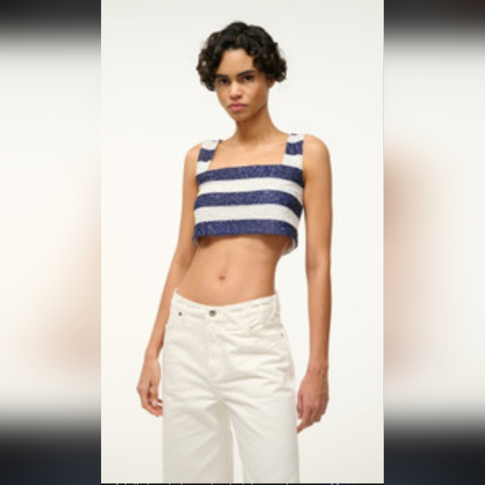 STAUD Monaco St. Tropez Sequin Beades Embellished Striped Mesh cropped top NWT